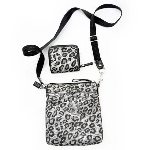 Coach Ocelot Leopard Print Crossbody Bag with Compact Wallet Black/Silver Fabric - Picture 15 of 17
